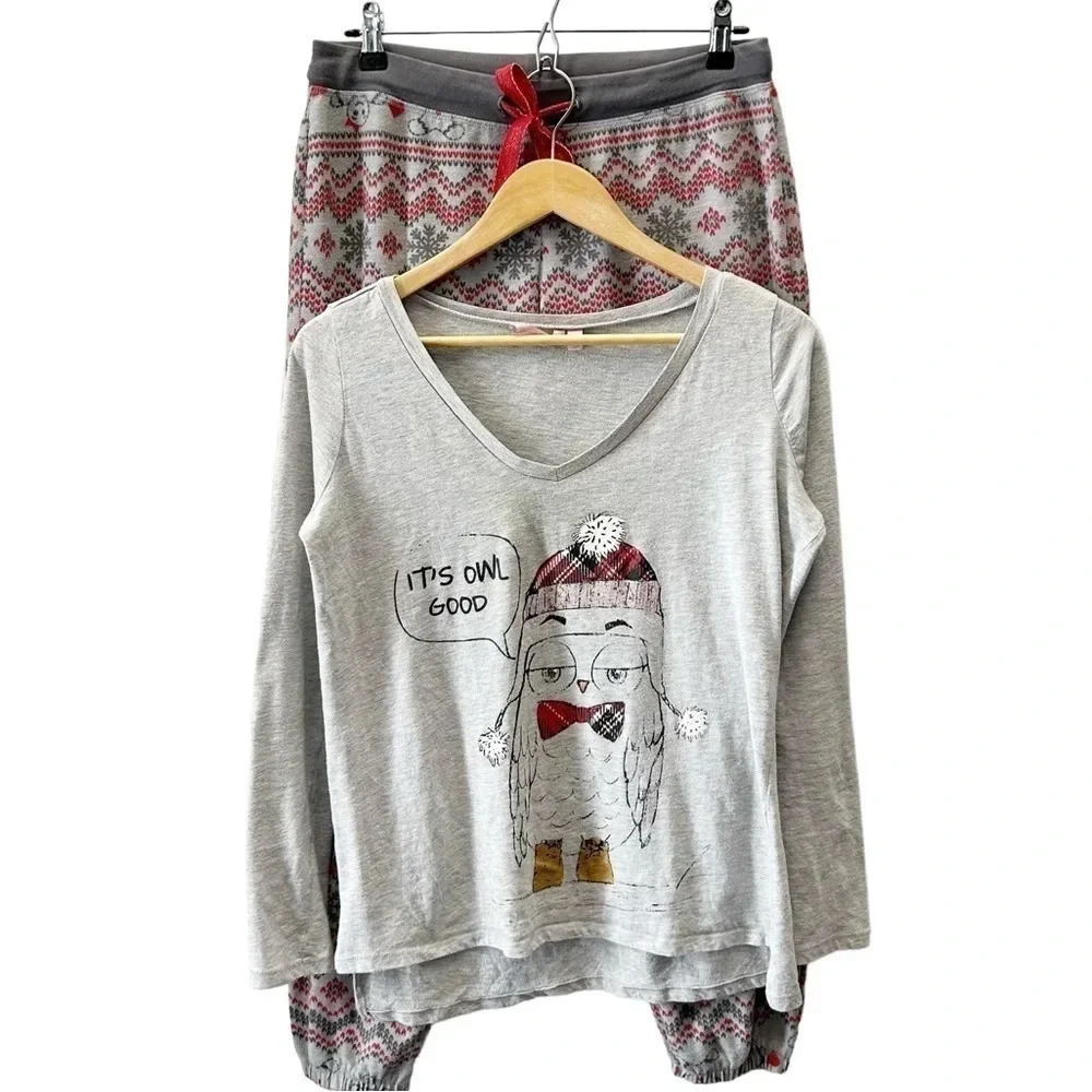 La Vie en Rose Pajama Set 2PC PJ Pants Long Sleeve PJ Top Grey Red Small